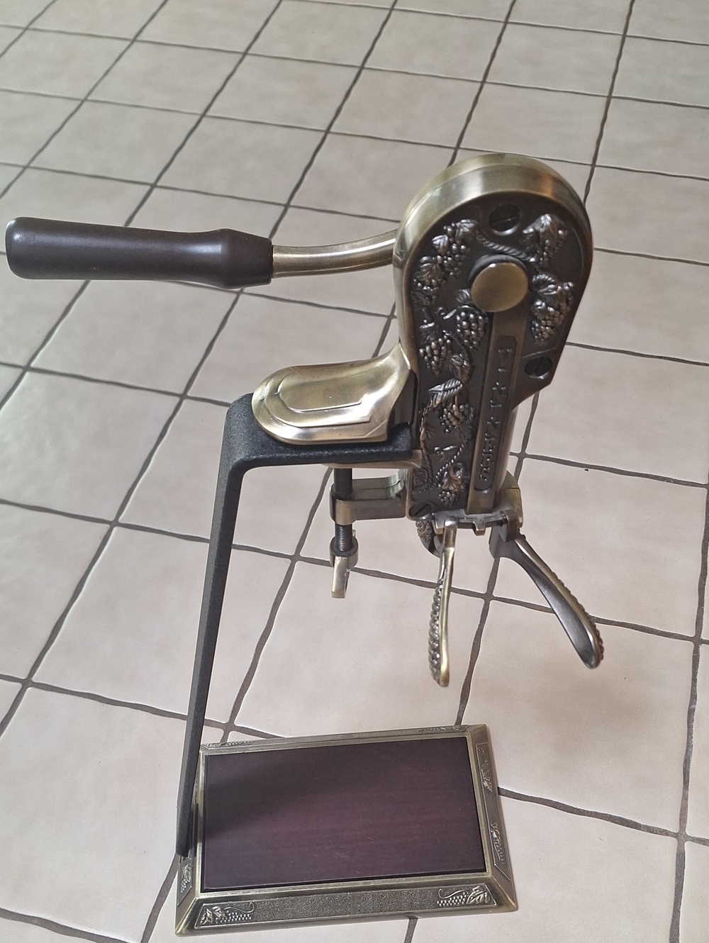 Antique-Style Hand Press Corkscrew with Ornate Brass Finish